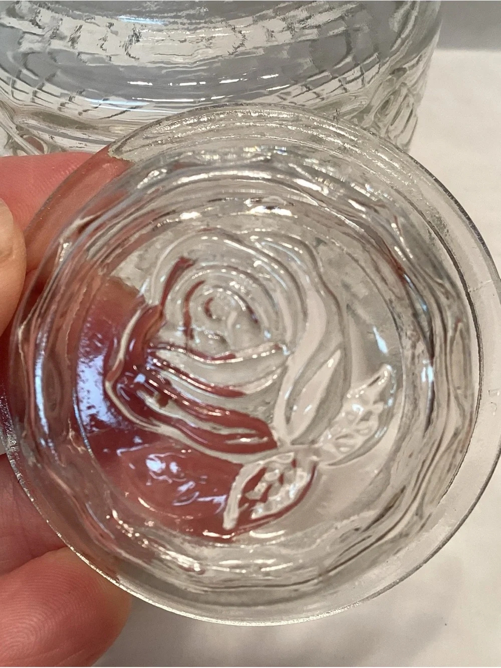 3 Vintage Spice Jars Apothcary Etched Glass With Rose On Lid Corked 4 1/2”